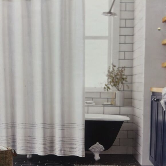 HEARTH & HAND NWT pinstripe border textured shower curtain -blue - Picture 7 of 9